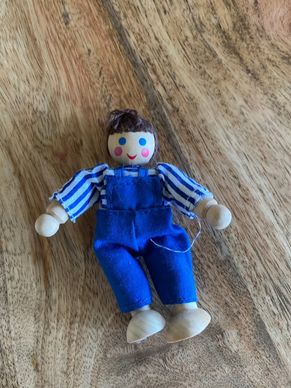 Vintage Wooden Dollhouse Man Doll Figure Blue Overalls Striped Shirt Miniature
